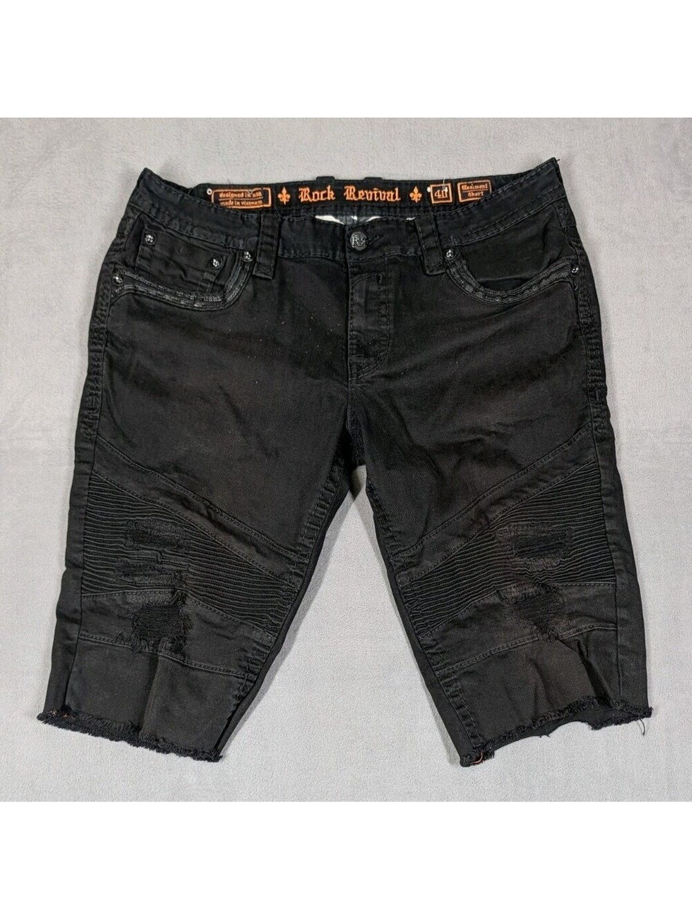 Rock Revival Mens 40 Black Denim Moto Biker Shorts Distressed Vermont